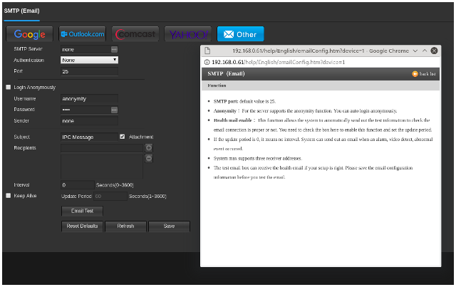 screenshot of Amcrest camera SMTP configuration page and help pop-up