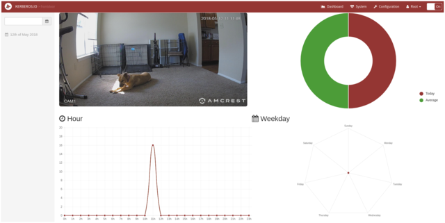 screenshot of Kerberos.io dashboard with data in graphs and hourly graph showing 18 motion detections this hour