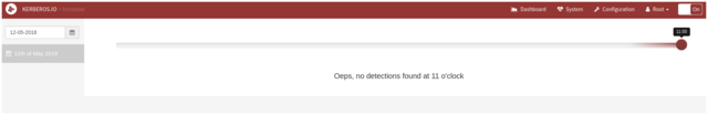 screenshot of Kerberos.io dashboard for current date, saying "Oeps, no detections found at 11 o'clock"