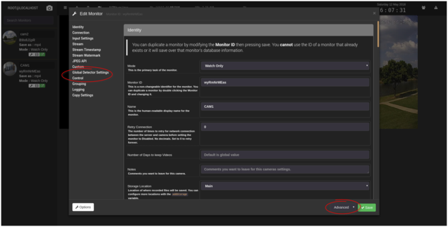 screenshot of Shinobi Monitor Settings in Advanced mode
